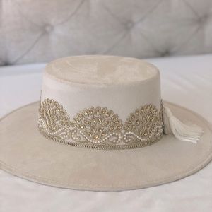 Hats N Roses Bridal Collection Boater Suede Ivory and Gold